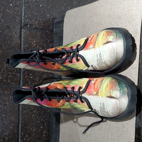 WOMENS WATERCOLOR COMBAT BOOTS ART COLORFUL PRINT SIZE 9 Eclectic Art Deco Maxim - Picture 2 of 10